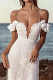 Ivory Lace Floor Length Sheath Cold Shoulder Wedding Dress