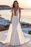 Ivory Satin Mermaid V Neck Wedding Dress with Cape