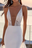 Ivory Satin Mermaid V Neck Wedding Dress with Cape