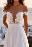 Ivory Chiffon Sweep Train A Line Boho Wedding Dress with Lace