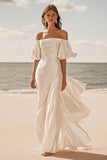 Ivory Satin Sweep Train Flutter Sleeves Sheath Wedding Dress