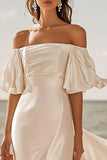 Ivory Satin Sweep Train Flutter Sleeves Sheath Wedding Dress