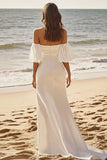 Ivory Satin Sweep Train Flutter Sleeves Sheath Wedding Dress