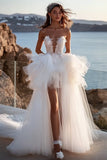 Ivory Tulle Strapless High Low Wedding Dress with Ruffles