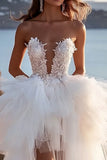 Ivory Tulle Strapless High Low Wedding Dress with Ruffles