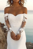 Ivory Chiffon Sweep Train Mermaid Boho Wedding Dress with Lace