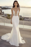 Ivory Chiffon Sweep Train Mermaid Spaghetti Straps V Neck Wedding Dress