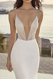 Ivory Chiffon Sweep Train Mermaid Spaghetti Straps V Neck Wedding Dress