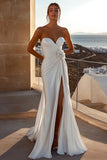 Ivory Sweep Train Mermaid Strapless Ruched Wedding Dress with Slit