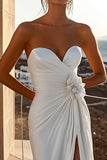 Ivory Sweep Train Mermaid Strapless Ruched Wedding Dress with Slit