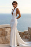 Ivory Satin Sweep Train Mermaid Halter Wedding Dress