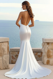 Ivory Satin Sweep Train Mermaid Halter Wedding Dress