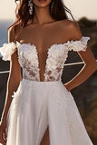 Ivory Sweep Train Off the Shoulder Ball Gown Wedding Dress with Slit