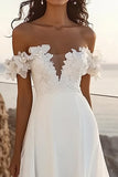 Ivory Chiffon Sweep Train 3D Flowers Boho Wedding Dress