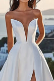 Ivory Satin Sweep Train Ball Gown Strapless Wedding Dress with Slit