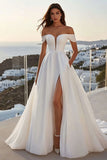 Ivory Sweep Train Ball Gown Off the Shoulder Wedding Dress with Slit
