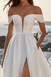 Ivory Sweep Train Ball Gown Off the Shoulder Wedding Dress with Slit