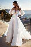 Ivory Sweep Train A Line Wedding Dress with Detachable Sleeves