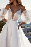 Ivory Sweep Train A Line Wedding Dress with Detachable Sleeves
