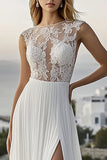 Ivory A Line Sweep Train Appliqued Chiffon Wedding Dress with Slit