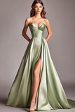 Sweetheart Strapless Dusty Sage Satin Maxi Prom Dress with Slit
