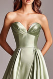 Sweetheart Strapless Dusty Sage Satin Maxi Prom Dress with Slit