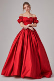 Red Ball Gown Off the Shoulder Puff Sleeves Maxi Pleated Prom Dress