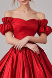 Red Ball Gown Off the Shoulder Puff Sleeves Maxi Pleated Prom Dress