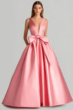 Pink Ball Gown Deep V-Neck Maxi Prom Dress with Bowknot