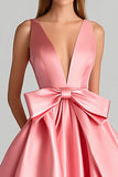 Pink Ball Gown Deep V-Neck Maxi Prom Dress with Bowknot