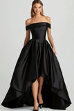 Black Ball Gown Off the Shoulder Satin High-Low Prom Dress