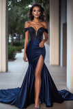 Mermaid Navy Off the Shoulder Maxi Prom Dress with Slit