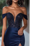 Mermaid Navy Off the Shoulder Maxi Prom Dress with Slit
