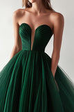 Dark Green Tulle Ball Gown Sweetheart Pleated Long Prom Dress