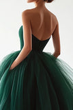 Dark Green Tulle Ball Gown Sweetheart Pleated Long Prom Dress