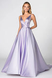 Lilac Ball Gown Satin V-Neck Maxi Prom Dress