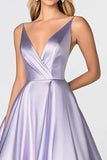 Lilac Ball Gown Satin V-Neck Maxi Prom Dress