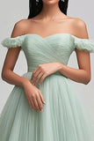 Light Green Tulle A Line Off the Shoulder Pleated Long Prom Dress