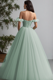 Light Green Tulle A Line Off the Shoulder Pleated Long Prom Dress