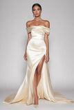 Elegant Dusty Blue Sheath Satin Off the Shoulder Maxi Prom Dress with Slit