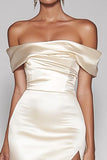Elegant Dusty Blue Sheath Satin Off the Shoulder Maxi Prom Dress with Slit