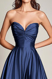 Navy Sweetheart Satin Pleated A-Line Long Prom Dress
