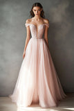 Ball Gown Pink Tulle Off the Shoulder Appliqued Long Prom Dress