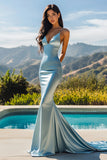 Gorgeous Sky Blue Satin V-Neck Mermaid Long Prom Dress