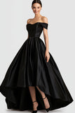 Black Ball Gown Off the Shoulder Satin High-Low Prom Dress