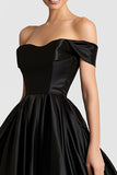 Black Ball Gown Off the Shoulder Satin High-Low Prom Dress