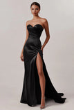 Black Sweetheart Strapless Satin Sheath Long Prom Dress with Slit