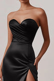 Black Sweetheart Strapless Satin Sheath Long Prom Dress with Slit