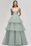 Light Green Ball Gown Tulle Strapless Tiered Long Prom Dress
