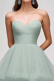 Light Green Ball Gown Tulle Strapless Tiered Long Prom Dress